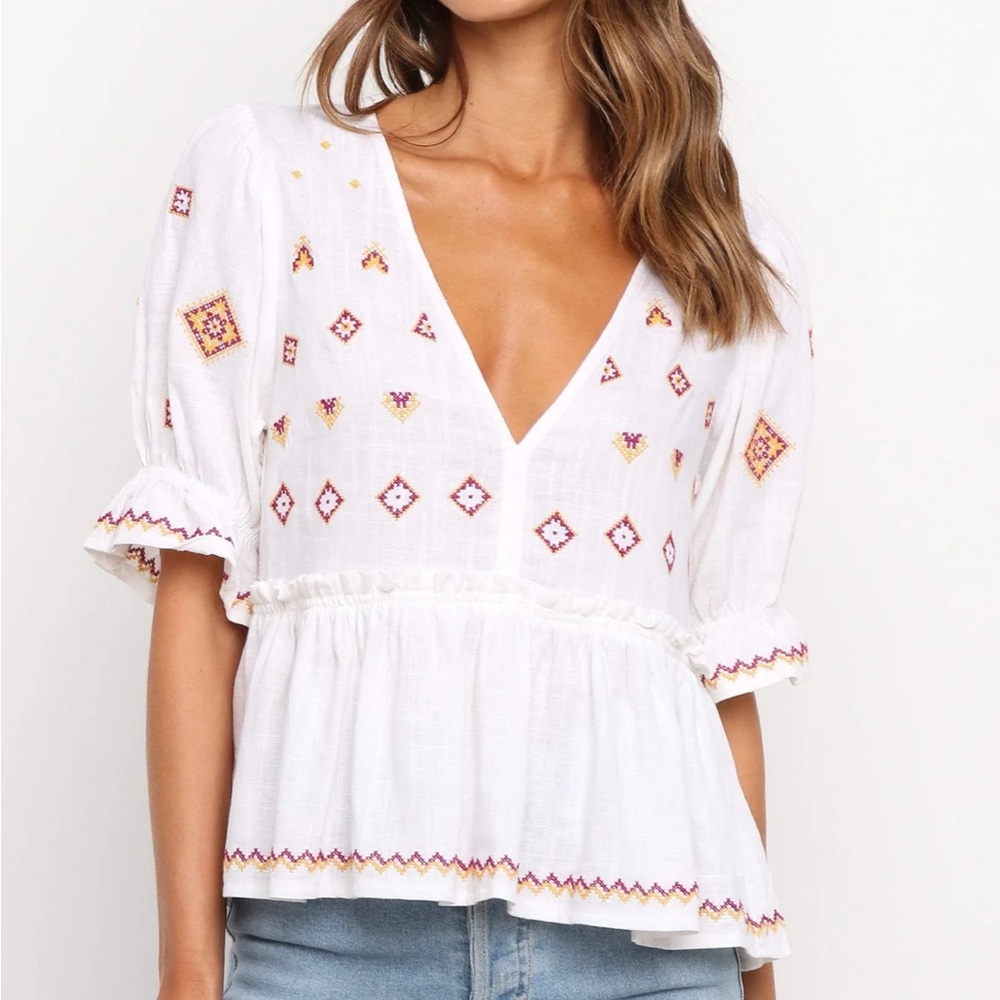 Dawston Embroidered White Boho Top - Picture 2 of 11